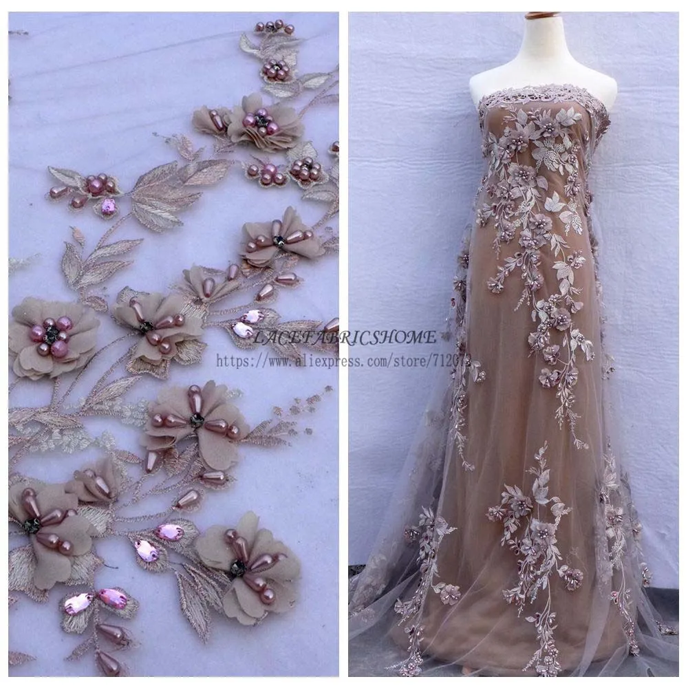 La Belleza 1 ярд Стразы Жемчуг 3D Цветы тяжелые ручной работы свадебное платье кружевной ткани 51 ''ширина - Цвет: Gray pink