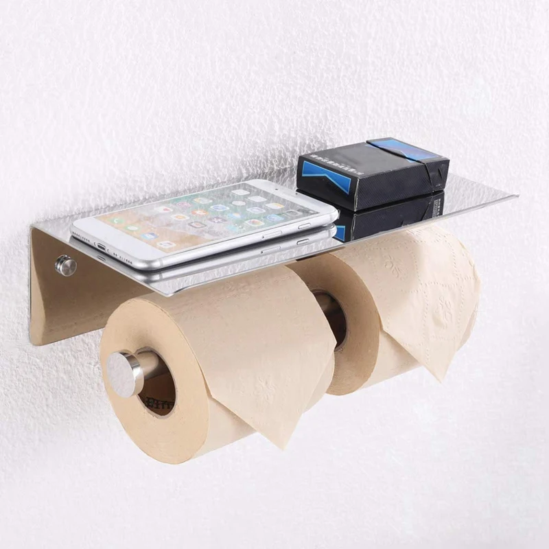 Double Roll Toilet Paper Holder With Phone Shelf- Bathroom Tissue Dispenser- Modern Style(Shiny Silver