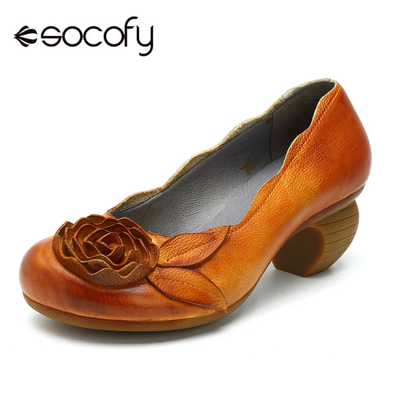 

Socofy Floral Vintage Genuine Leather Pumps Women Shoes Casual Slip On Mid Heel Pumps Heel Woman Round Toe Ladies Shoes Spring