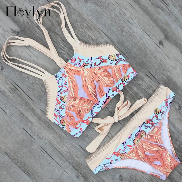 Special Offers Floylyn 2017 Bikinis Women Swimsuit Bandage Swimwear Push Up Crop Top High Neck Bikini Set Retro Bathing Suit Swim Biquini