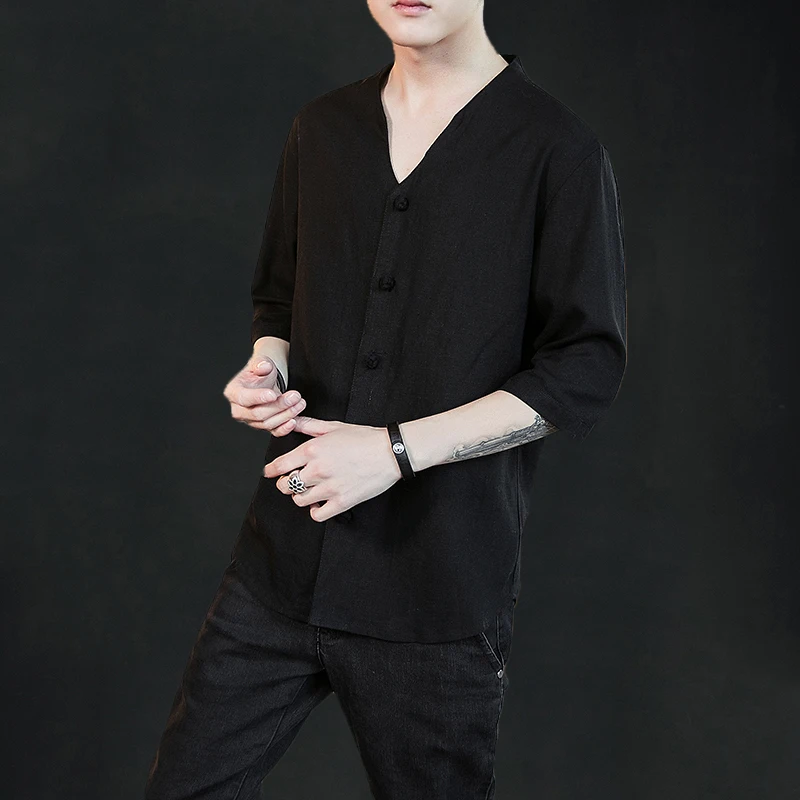 

2019 Men's Shirt Long Sleeve Solid Color Linen Shirt Men's Kimono Top Chinese Wind Button Cardigan M-5XL Casual Streetwear