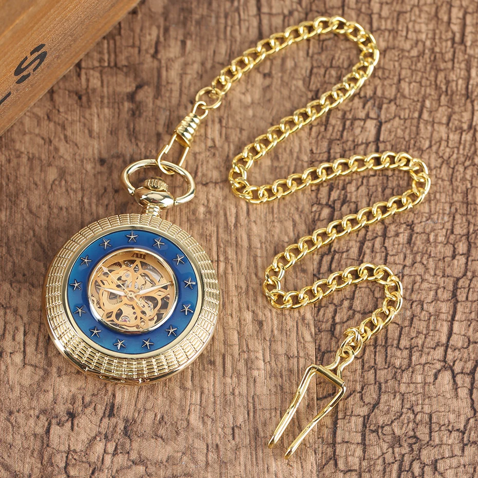 2017 Luxury Gold Mechanical Watches Unisex Blue Star Hollow Circle Roman Numbers Pocket Watch Men Women Antique Fob Pendant Gift (12)