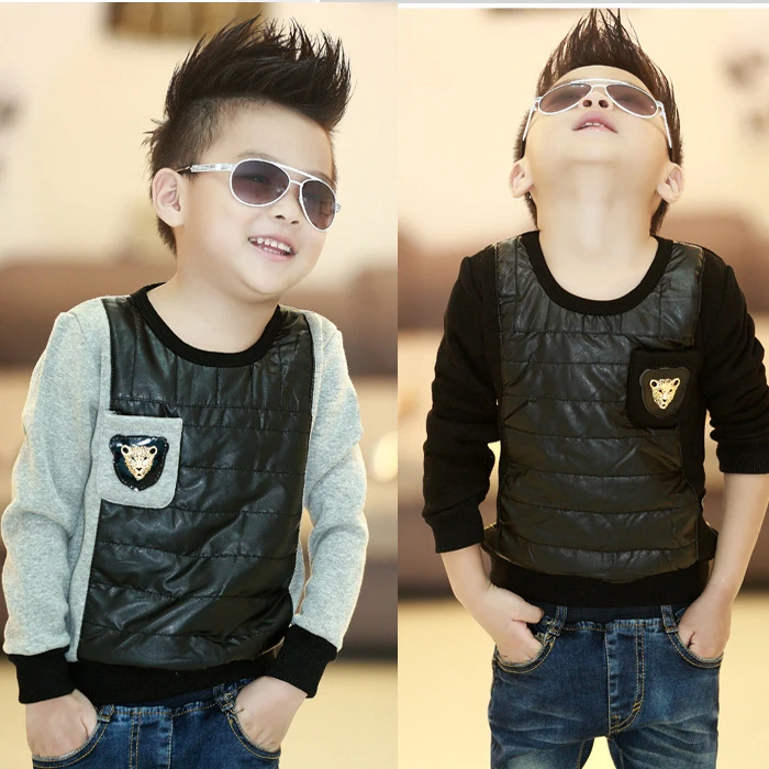 

2019 autumn and winter children patchwork plus velvet thickening t-shirt pullover fashion boys outerwear