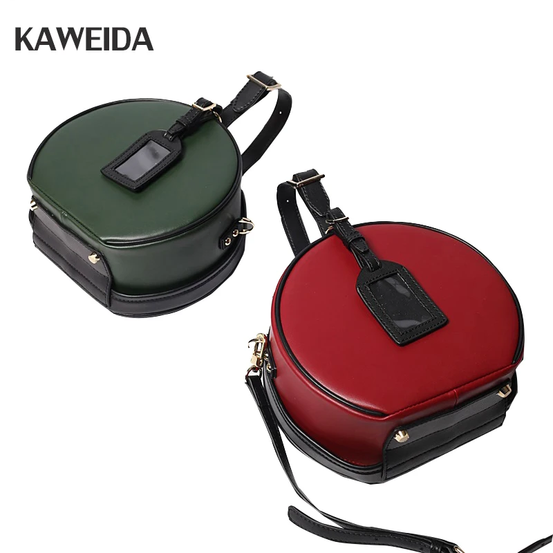 

Vintage Small Barrel Messenger Bag Genuine Leather Women Retro Round Box Bag Chain Crossbody Shoulder Bags Army Green Caramel
