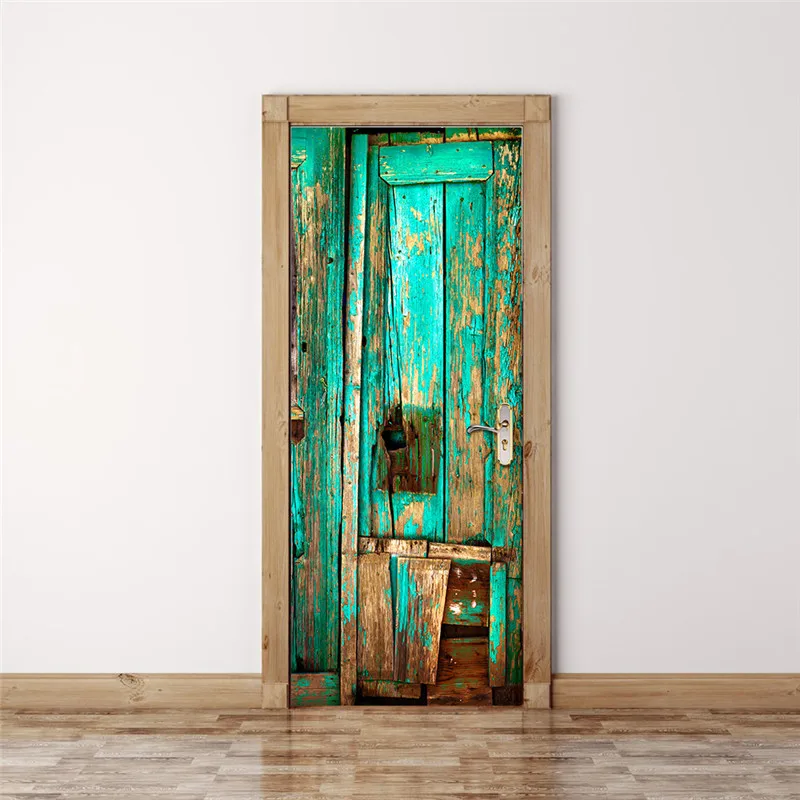 2017 New 3d Wall Stickers Green Old Wooden Door Stickers