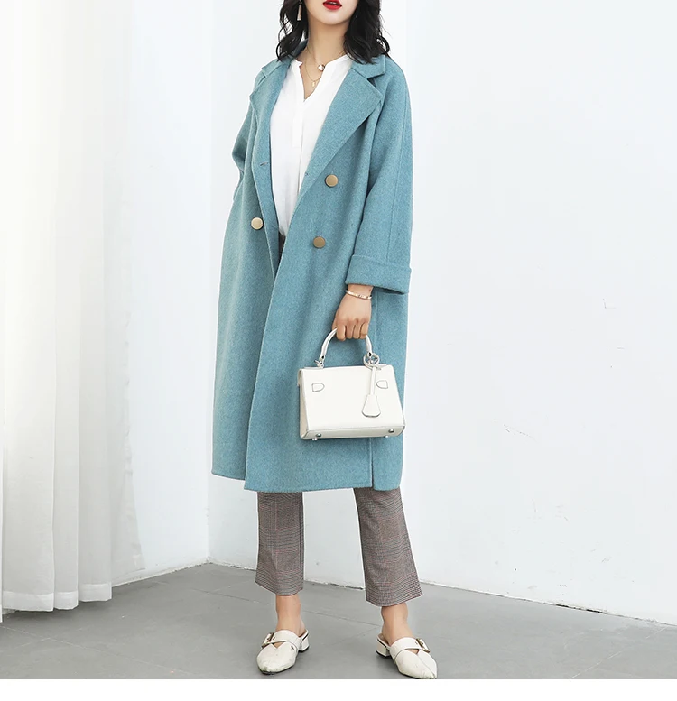 Двустороннее кашемировое пальто весна новое шерстяное пальто для женщин зимние пальто с широкой талией синие пальто