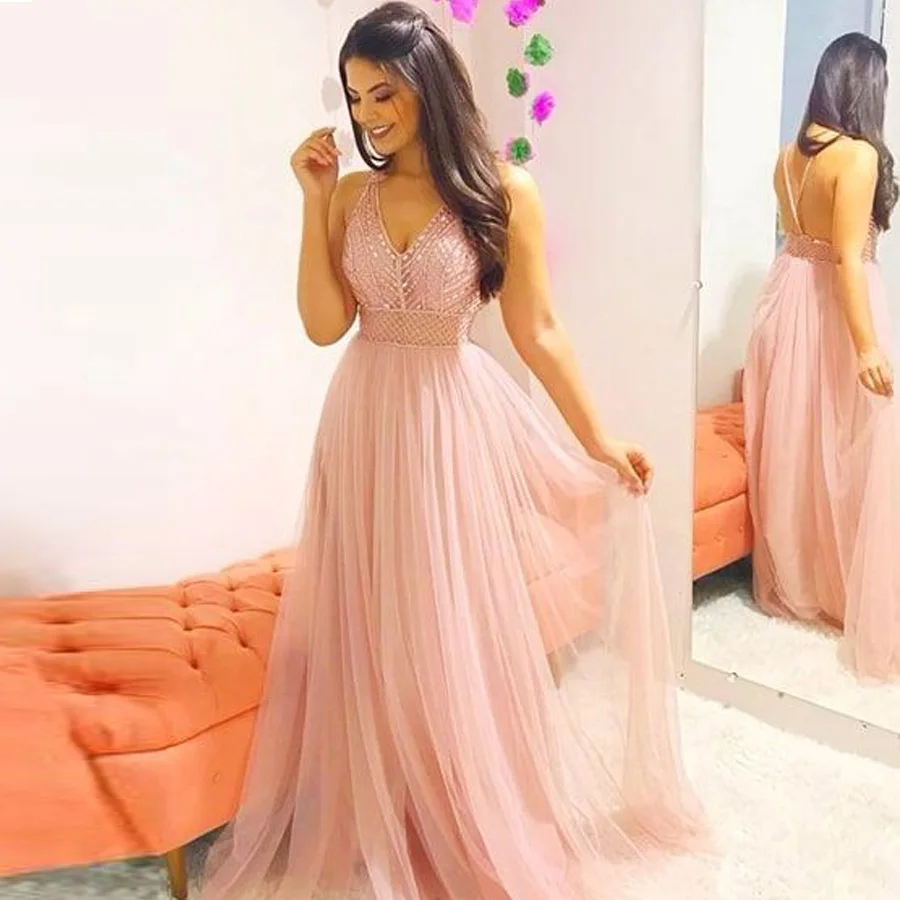

Vintage V-neck Heavy Beading A-line Prom Party Dress with Crossed Straps Backless Bridal Party Dress Evening Dress Homecoming