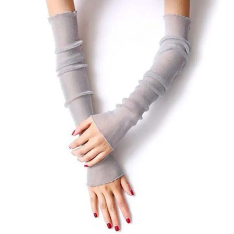 Женские ультра-тонкие блестящие сетчатые длинные кружевные перчатки с металлическим блеском одноцветные перчатки для рук с защитой от ультрафиолета рукава с оборками D