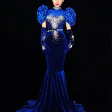 Модное голубое платье сексуальное длинным шлейфом для девочек; платье на день рождения платье сценический костюм Выходные туфли на выпускной вечер праздновать платья со шлейфом для наряд Для Женщин Производительность