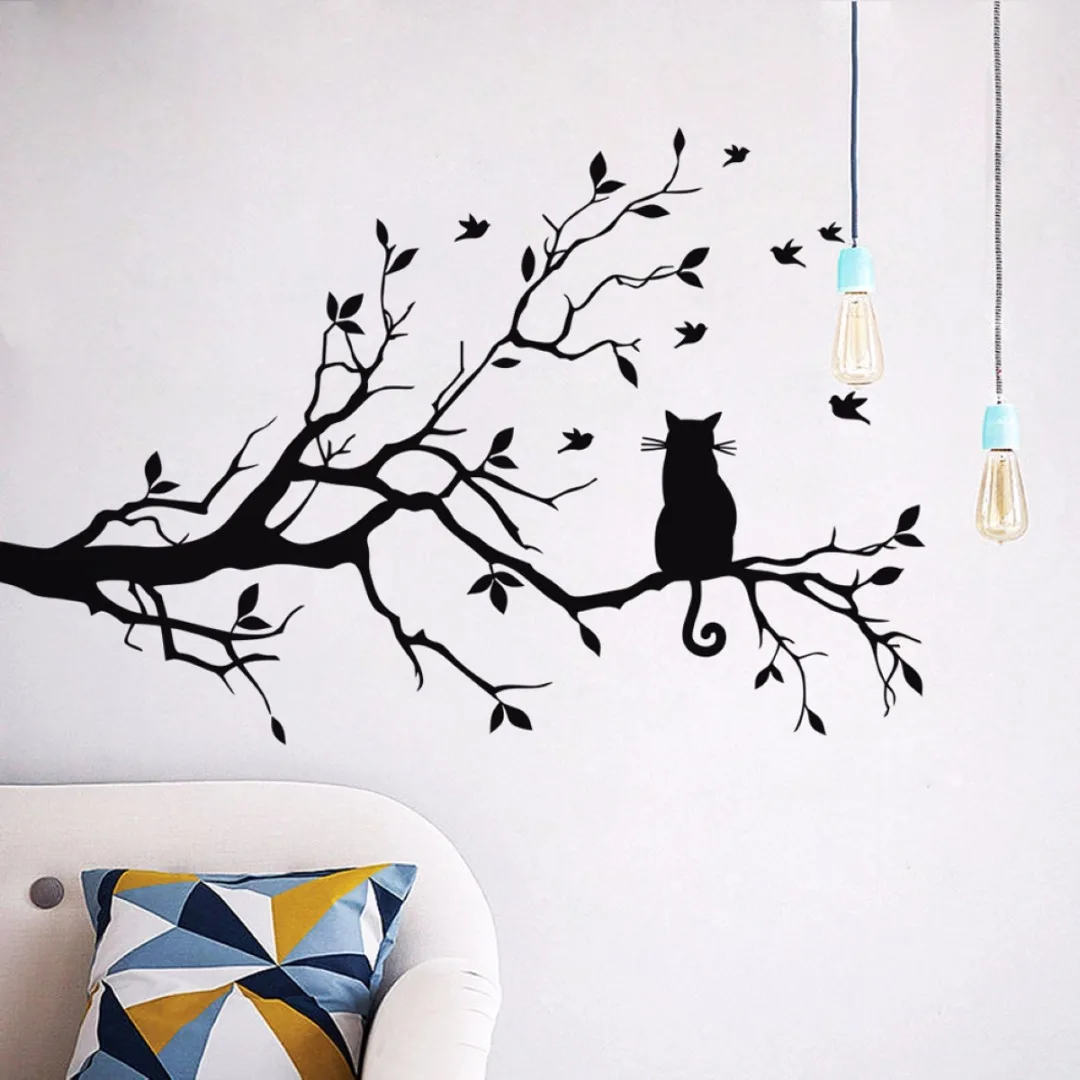 Large Cat On A Branch Tree Birds Wall Sticker Vinyl Art Decal Window Decal Stencil For Kids Room Decor Adesivo De Parede
