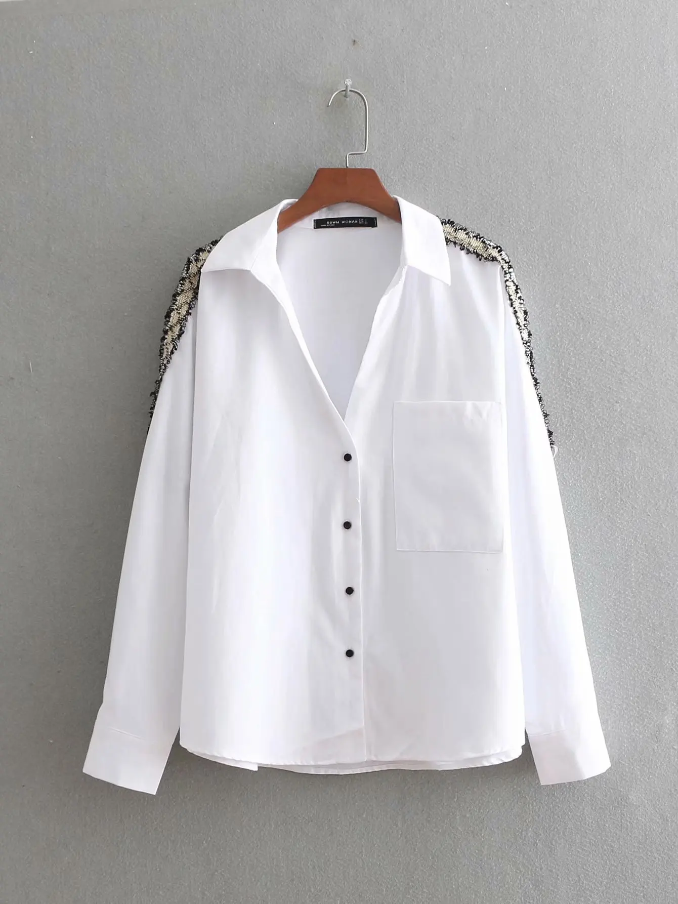 

European and American fashion BB45-8602 tweed side frilled shirt