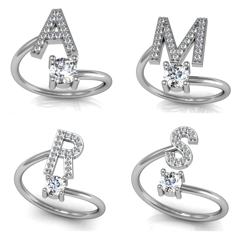 Alphabet Ring A Z 26 Initial Letter Name Rings Silver Color Crystal