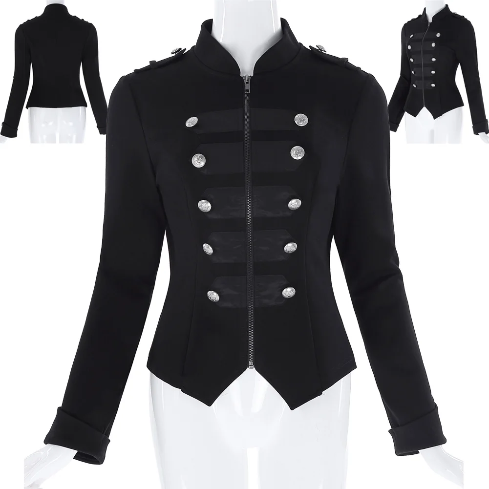 Украшенное Женское пальто, топы, куртки, пальто, пальто, Трендовое пальто на молнии спереди, милитари, для женщин, для вечеринки, новая мода - Цвет: Black