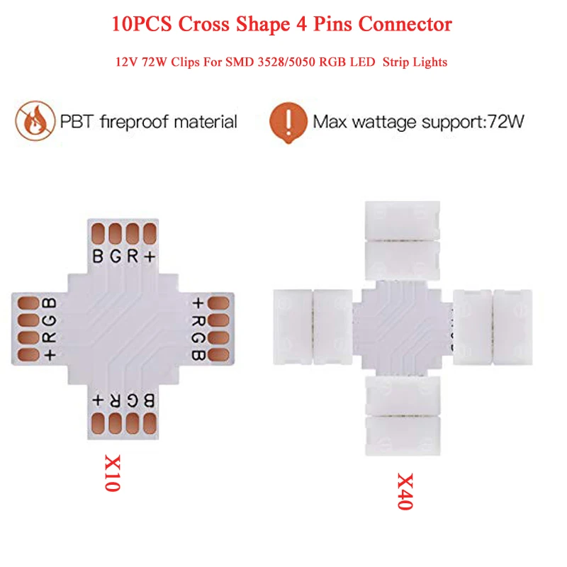 10 Cross Shape 4 Pins Connector 10mm Quick Splitter 12V 72W Clips 3528/5050 SMD RGB LED Flexible Strip Lights Corner Connector S smart phone control led strip light rgb 3535 flexible ribbon diy led light strip usb tape diode dc 5v bluetooth christmas lights