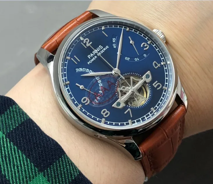 

Sapphire crystal 43mm PARNIS Blue dial power reserve Automatic Self-Wind Mechanical movement men's watch Leather Starps pa92-p8
