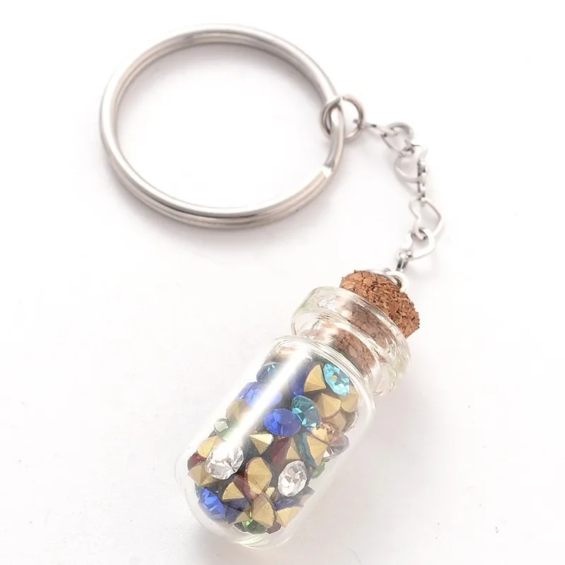 

30pcs Glass Rhinestone Water of Bottle Wooden Bungs Stainless Steel Key Rings Colorful For DIY Key Chains Accessories 93mm