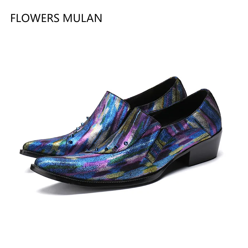 

2018 New Winter Colorful Sequined Leather Men Dress Shoes Gentleman Pointed Toe Sewing Slip On Brogue Shoes Party Wedding Shoes