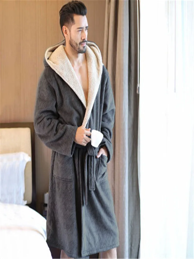 

Men's Winter Coral Velvet Hooded Robe Male Warm Long Bathrobes Comfort Gray Bath Robe Vs T