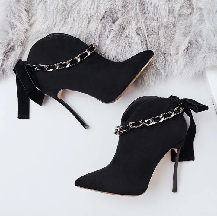 

New Designer Black Red Velvet Chain Decor High Heel Ankle Boots Pointed Toe Bowtie Metal Heels Women Boots 2018 Free Ship