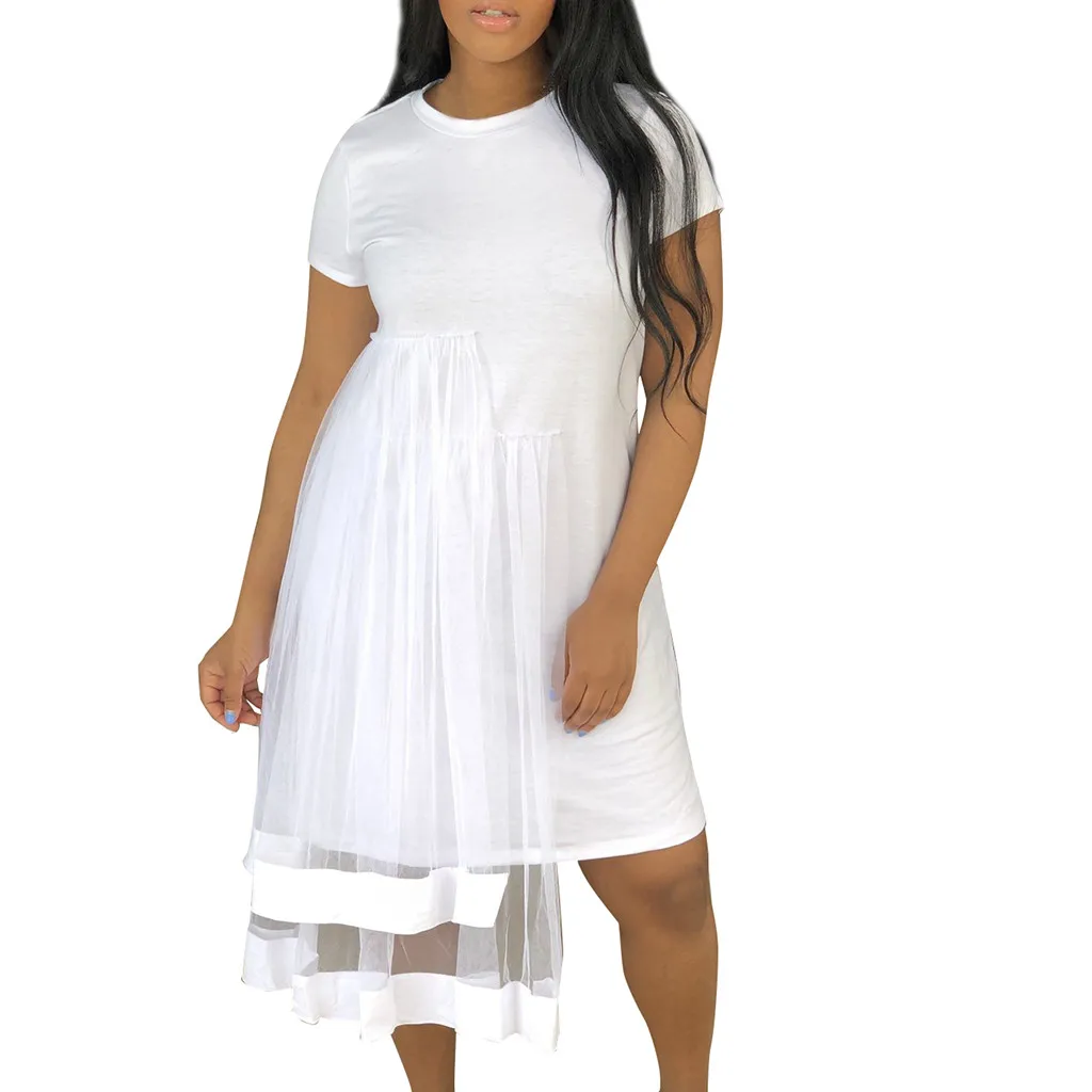 

Large Size Loose Brief Solid Color short-sleeved Mesh Irregular Dress Summer Casual Beach Party Solid Color o-neck Dresses