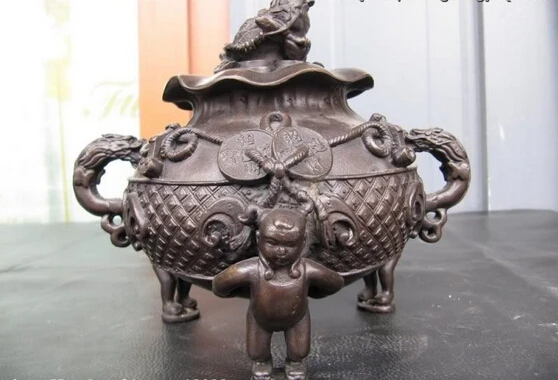 

S0122 Chinese Superb Bronze Copper Money toad with Three Boys Incense burner Censer D0317