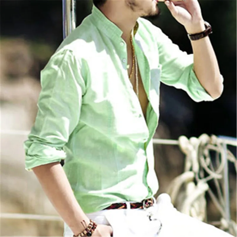 Acheter Mâle Linge Shirt Occasionnel Slim Fit à manches longues Respirant Blanc Bleu Chemise De Base Pur Chanvre Chemise Hommes Chemise Européenne Style De Mode