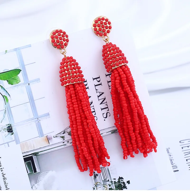 1 pairs  Seed Beads Long Tassel Earrings Handmade Weaving Drop Earrings