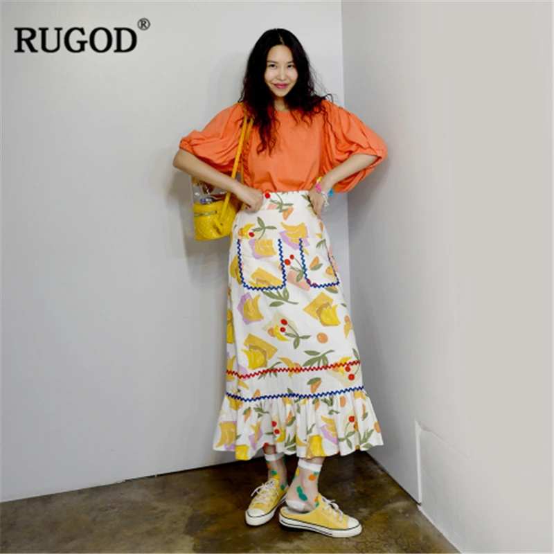 RUGOD, Новое поступление, Женская юбка с цветочным рисунком, высокая талия, карманы, а-силуэт, тонкая юбка, милый озорной фруктовый узор, хлопок, Modis Mujer