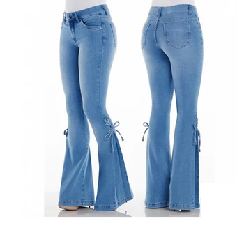 

Retro Denim Flare Jeans For Women High Waist Stretch Bow Lace Up Jeans Plus Size Slim Side Bandage Long Bell Bottom Jeans Female