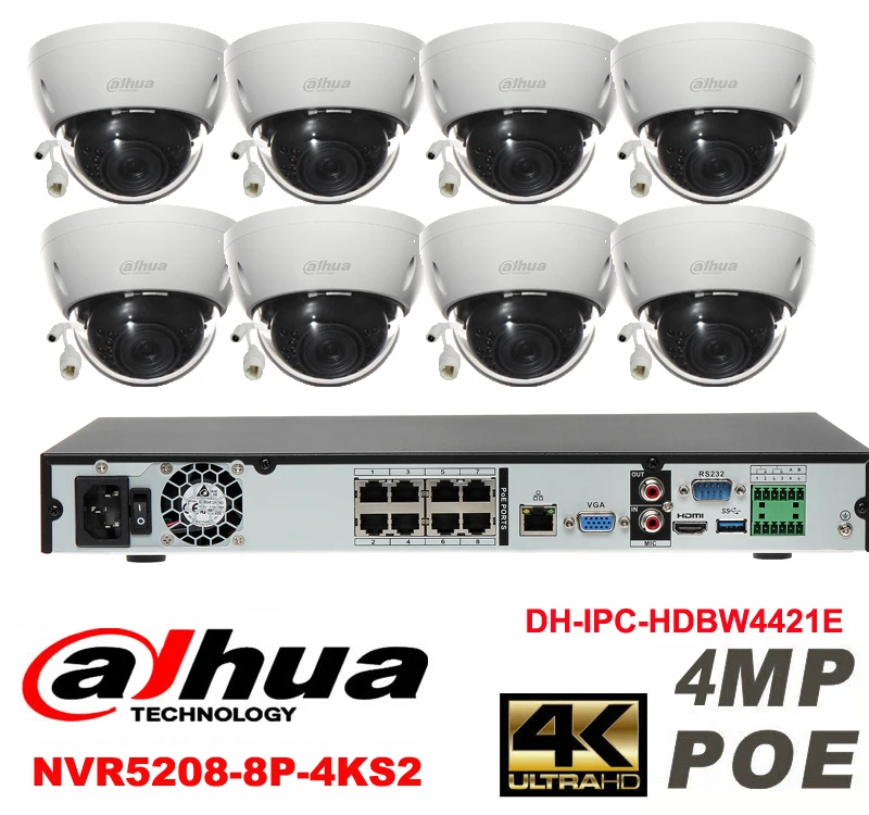 Dahua оригинальный 8CH 4MP H2.64 DHI IPC HDBW4421E 8 шт. сетевая камера POE DAHUA NVR5208 8P 4KS2 купольная ip