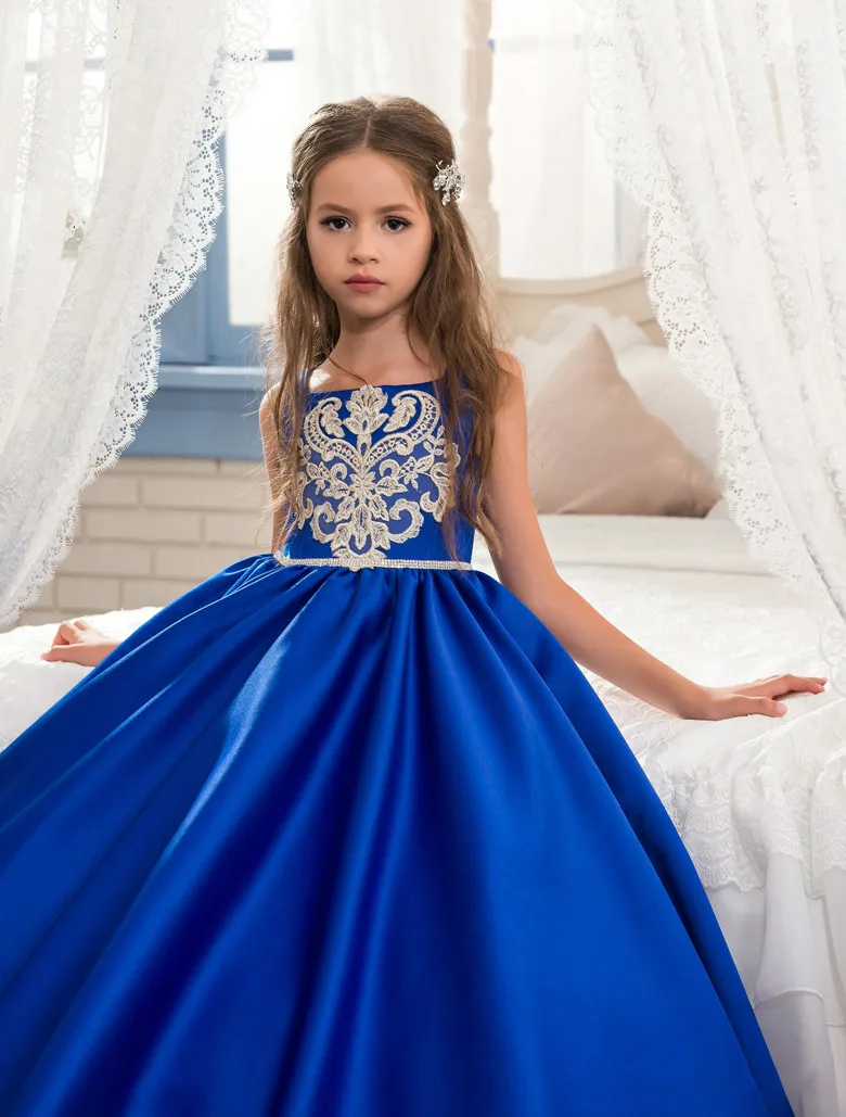 Новые королевские синие для девочек в цветочек платья для свадьбы без рукавов бальное платье с бантом и поясом для первого причастия Vestidos