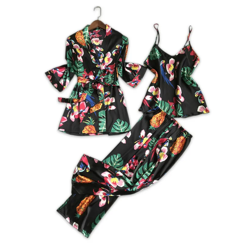 

3 piece Women Print Silk Satin pajamas Sets Casual Femme Home Comfortable Women Pajamas Suits Sleepwear indoor robes+top+pants