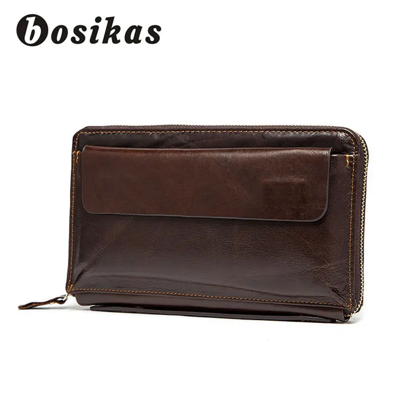 

BOSIKAS Men Money Clip Leather Zipper Long Phone Men's Wallet Genuine Leather Men's Wallet Purse with coin pocket clamp Clutches
