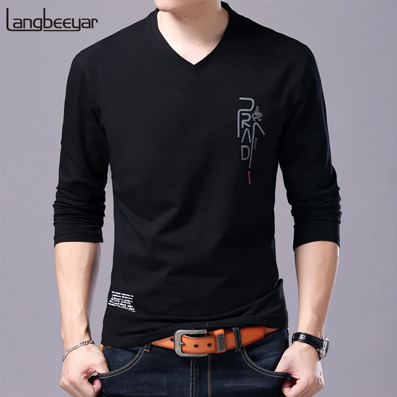 Economici 2019 di Nuovo Modo di Marca T Shirt Per Gli Uomini Coreano Fidanzato Regalo di Tendenza Magliette e camicette Streetwear Con Scollo A V Stampa A Maniche Lunghe T uomini Vestiti
