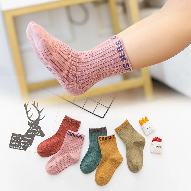 5 Pairs/Lot Summer Cotton Children Socks British Style Solid Color Breathable Middle Tube Socks Kids Boys Girls Free Shipping 