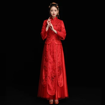 

Vintage Red Ancient Marriage Dress Elegant Slim Women Suzhou Embroidery Cheongsam Suit Chinese Style Bride Wedding Qipao S-XXL
