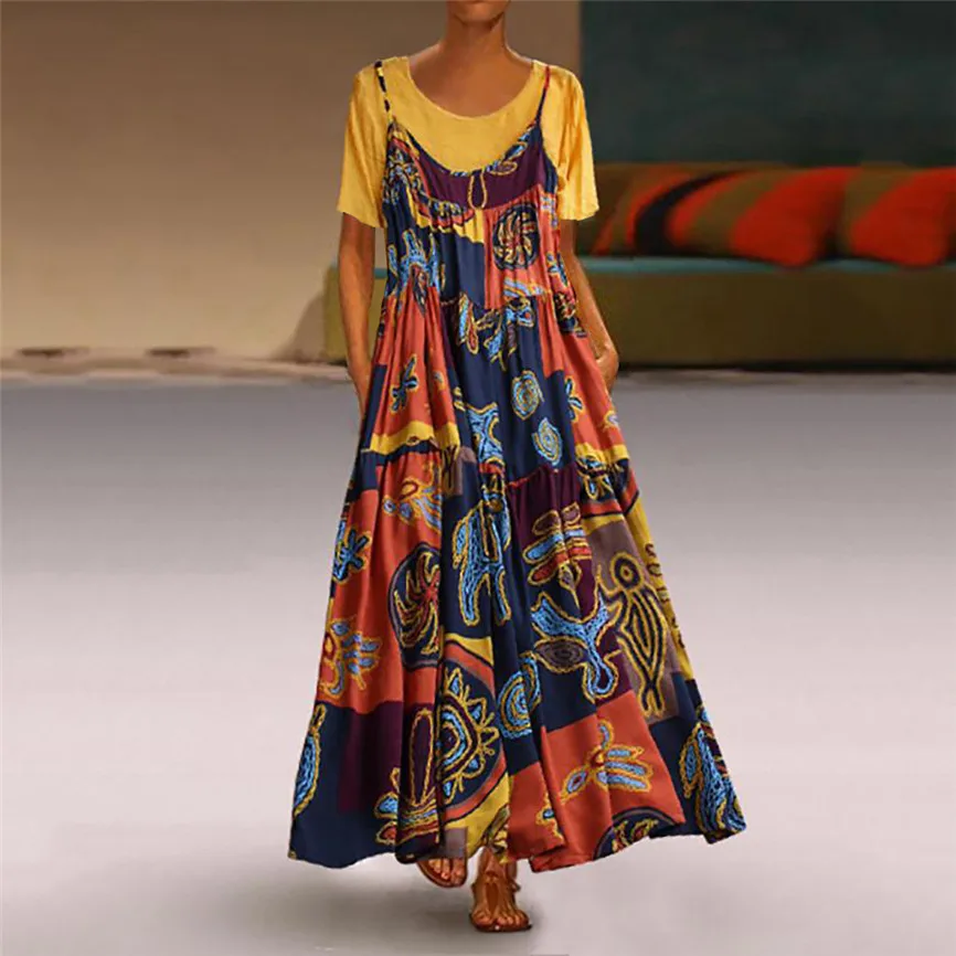 

Women Summer Dress Fashion Sexy Dress Plus Size Two-piece O-Neck Short Sleeve Print Vintage Maxi Elegant Party Sundress Vestidos