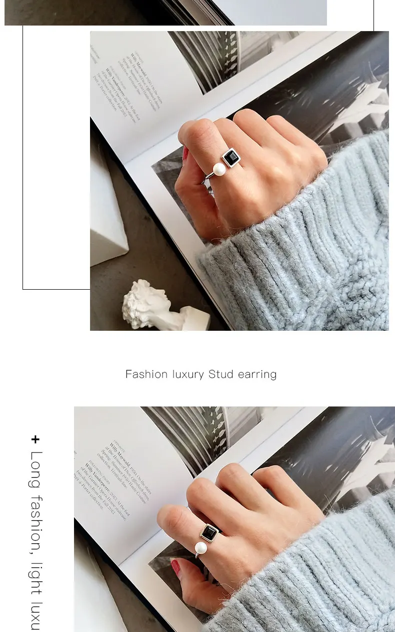 Hongye, женское Ювелирное кольцо на палец для девочек, бренд, простое корейское ювелирное изделие, серебряные кольца с 925 жемчугом, регулируемый черный агат