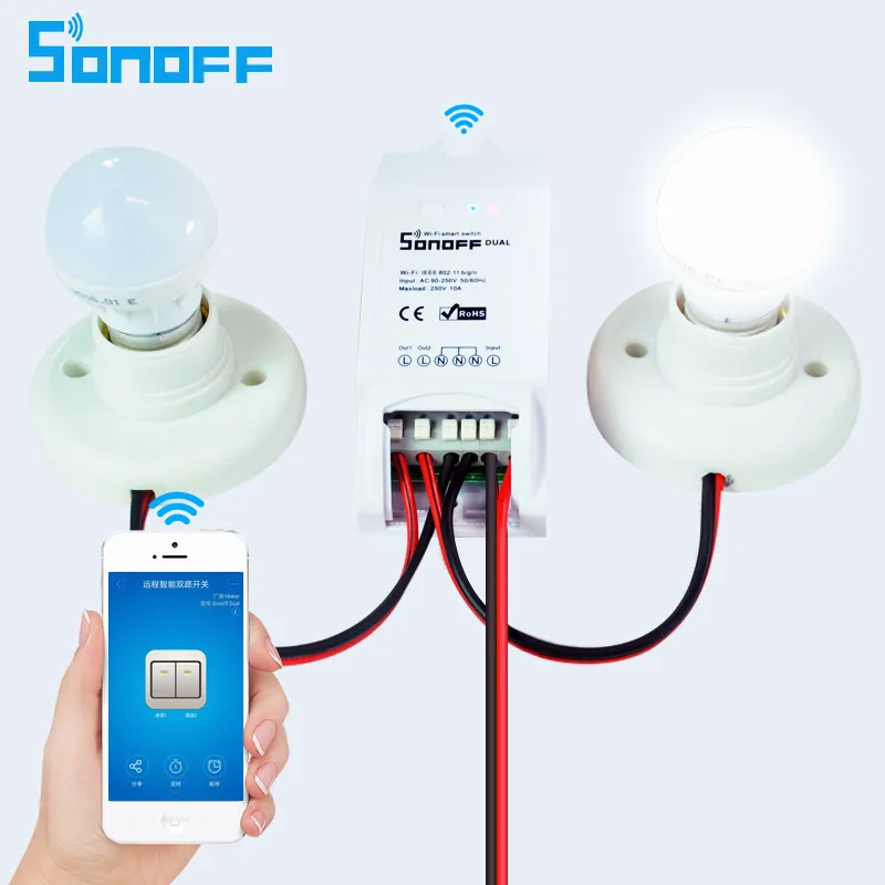 

Sonoff Dual 2 Channel Wifi Smart Switch,Wireless Remote Control DIY Timer Switch for Smart Home Automation 90-250v AC
