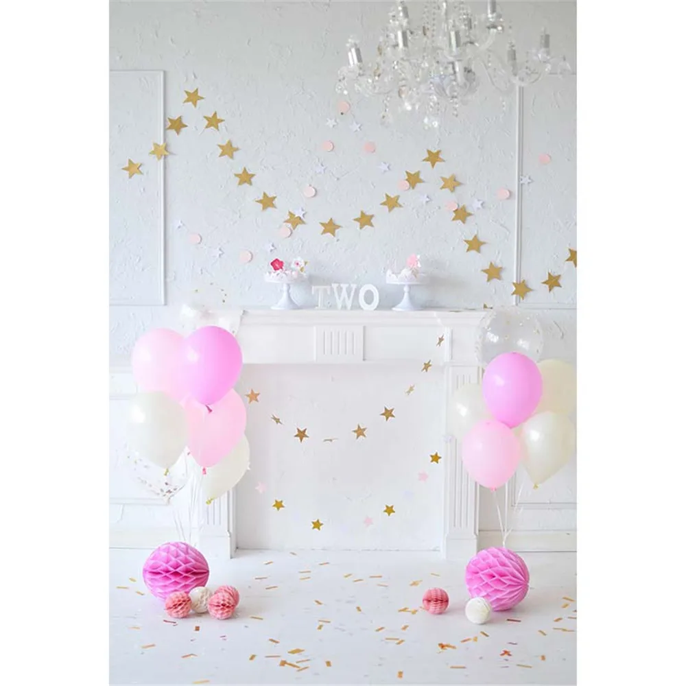 

Baby Girls 1st Birthday Backdrop Printed White Pink Balloons Paper Flowers Gold Stars on Wall Kids Party Photography Backgrounds