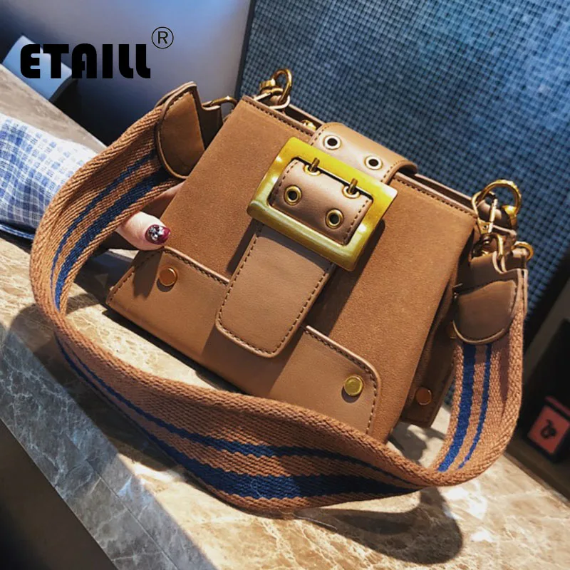 

ETAILL Fashion Rivet Bucket Bags Women Buckle Belt Handbags PU Ladies Wide Strap Shoulder Bags For Female Ladies Crossbody Bag