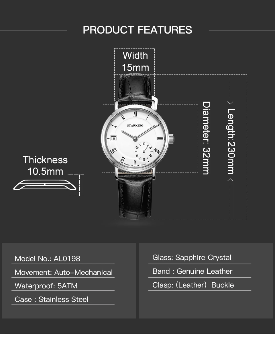Механические Женские часы STARKING с сапфировым стеклом, водонепроницаемые, 5 АТМ, автоматические, с автоматической датой, из натуральной кожи