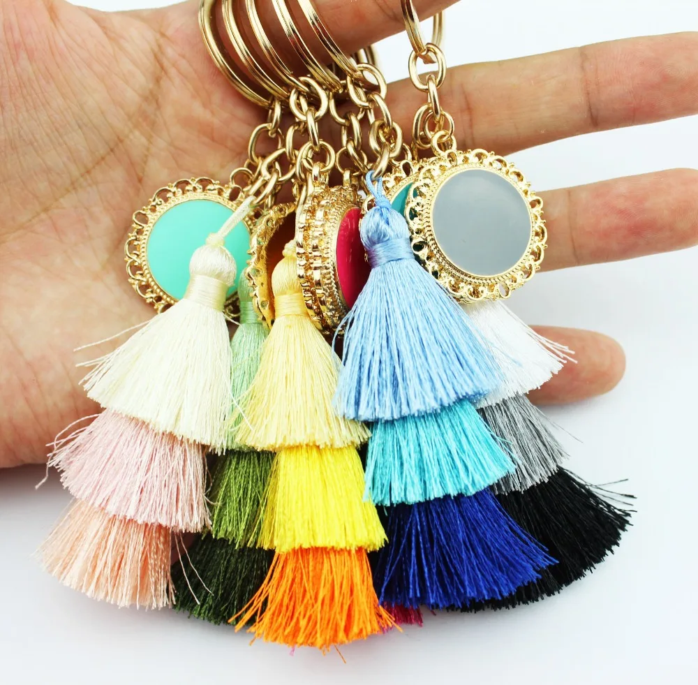 

Personalized Boho Style Unique 3 Layers Tassel Key Chain Monogram Enamel Disc Initial Blank Only Small Wholesale Manufacturers