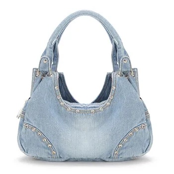 

Fashion Women Denim Bag 2018 Women Tote Bags Diamond Rivet Jeans Women's High quality Handbags Women's Shoulder Bag fashion Tote