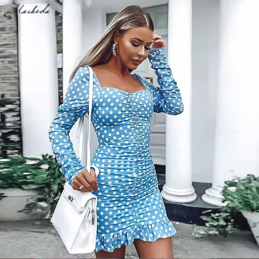 

Macheda Fashion Women Wave point Ruffle bodycon Dresses Autumn Long Sleeve Square Collar Mini Dress Lady Casual Vacation 2019