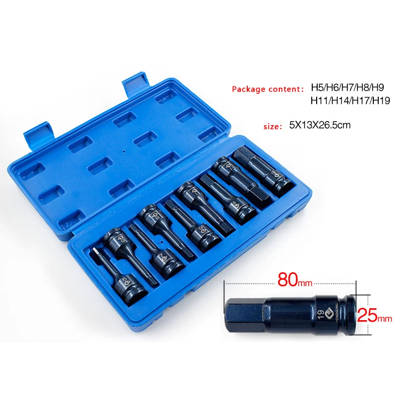 

9PCS Torx Screwdriver Socket Set 1/2'' S2 Alloy Hex Socket Adapter 5-19mm Mechanical Car Repair Tools