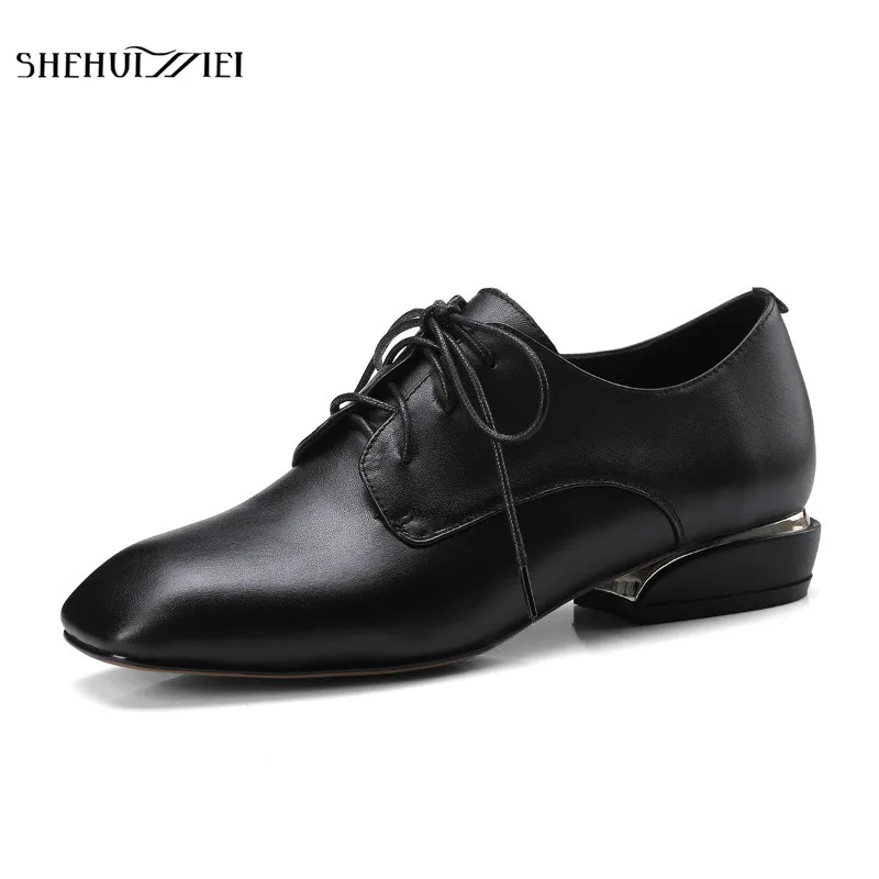 

SHEHUIMEI Women Genuine Leather Vintage Flats Casual Shoes Square Toe Handmade Lace Up Cow Leather Oxford Shoes for Women 2018