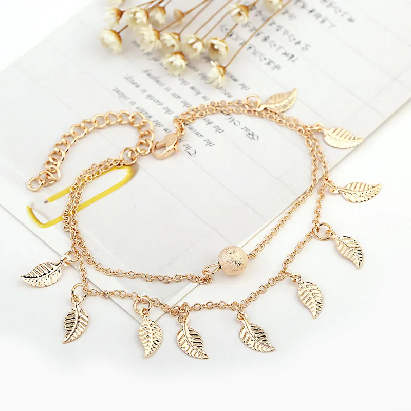 Us 053 20 Offsummer Women Tassel Leaves Double Layer Ankle Chain Simple Anklets Elegant Beach Jewelry Hot Sale In Anklets From Jewelry