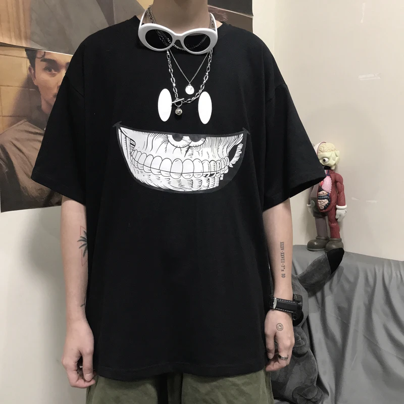 

Funny smile print vintage t shirt man women minimalist korean harajuku oversized top 2019 new fashion japan summer anime clothes
