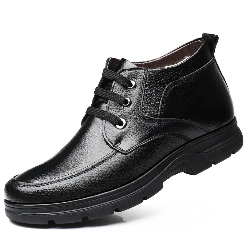 

Brand Winter Men Genuine Leather Shoes Fashion Warm Working Plush Ankle Boots Casual Lace Up Flats Male Snow Boots